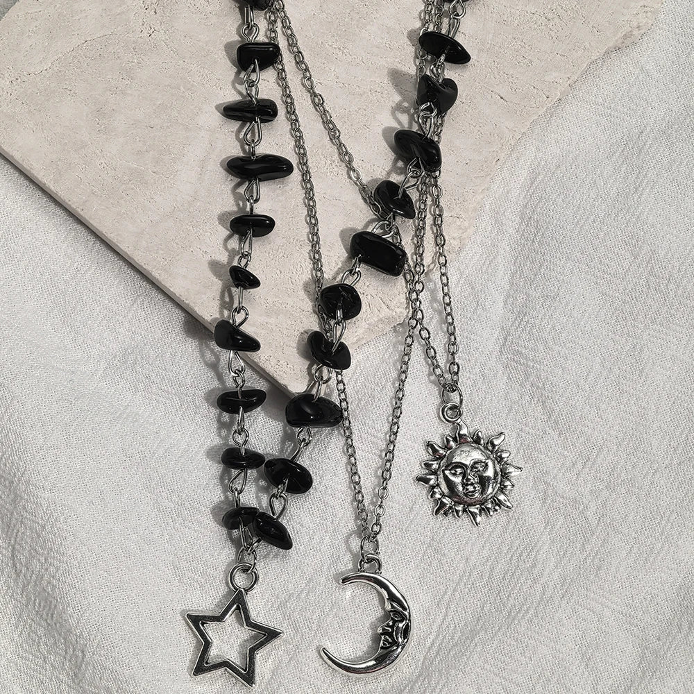 Lot de 3 Colliers Soleil, Lune et Étoile en Agate Noire Femme – Éclats de Pierre Naturelle, Colliers à Superposer, Bijou Céleste Argenté, Idée Cadeau