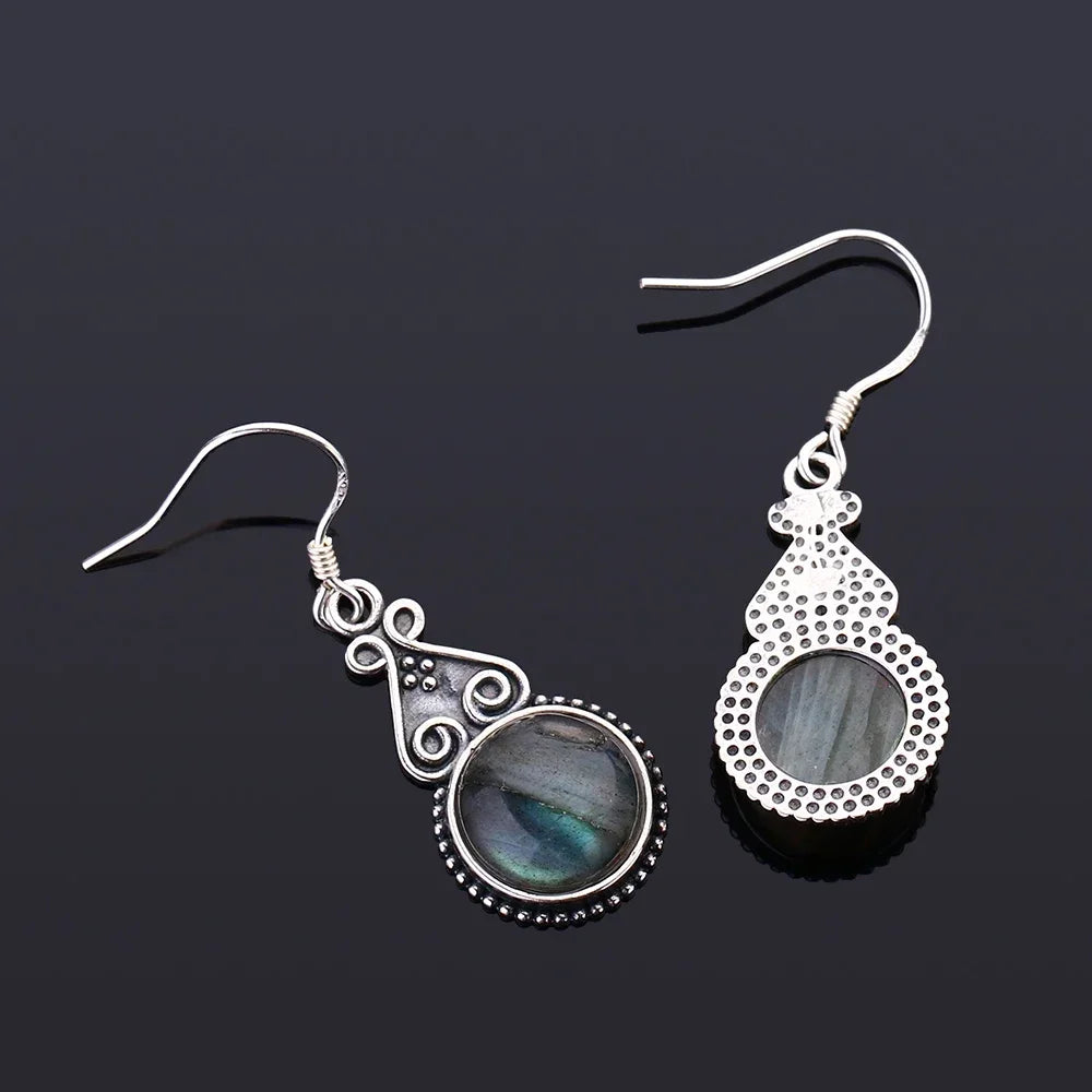 Boucles d'Oreilles Pendantes Vintage Pierre Ronde 10 mm – Labradorite, Lapis, Œil de Tigre, Rhodochrosite