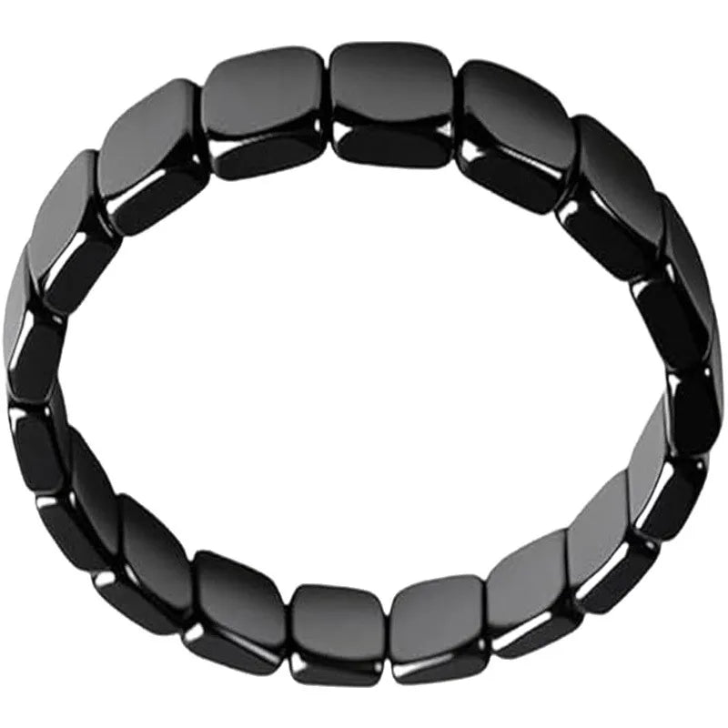 Bracelet Homme Hématite Perles Carrées Plates – Extensible, Noir Métallisé