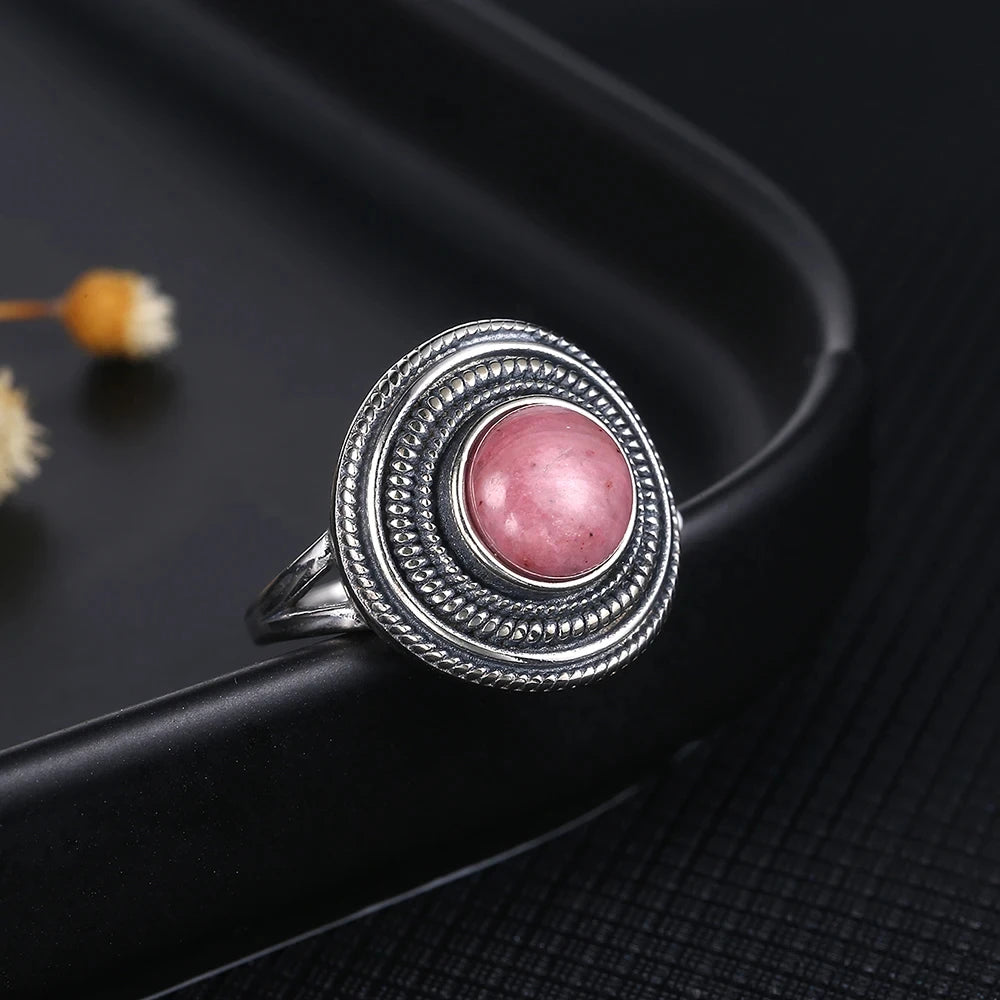 Bague Ronde Spirale en Pierre Naturelle 8 mm – Monture Argentée, Rhodochrosite, Charoïte, Labradorite…