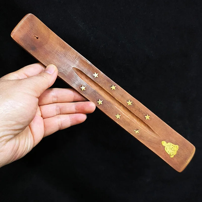 Porte-Encens en Bois à Incrustations Dorées – Planchette pour Bâtonnets d'Encens, Motif Éléphant ou Bouddha et Étoiles, Décoration Zen