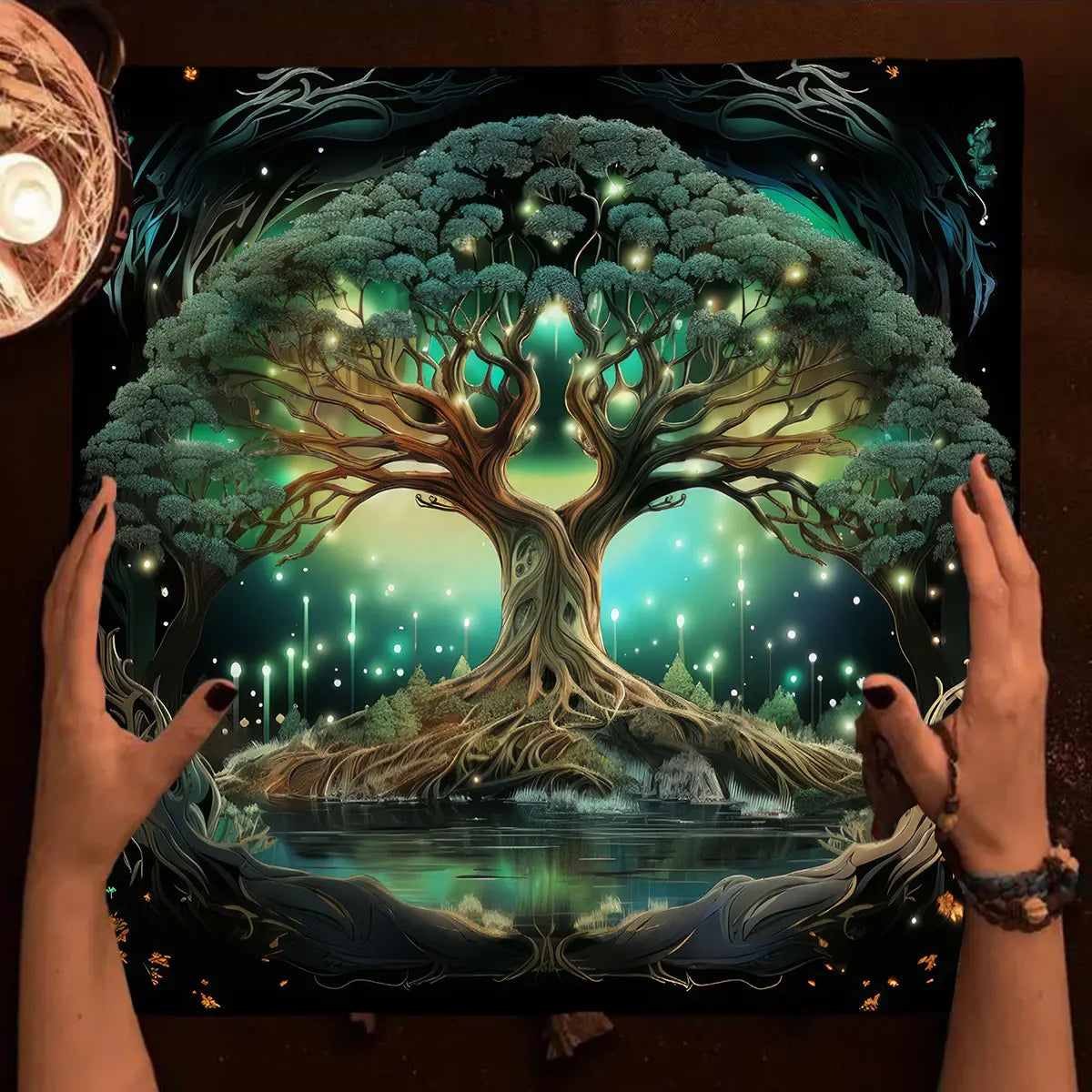 Nappe de Tarot Arbre de Vie en Velours – 15 Motifs : Arbre Doré, Phases de Lune, 50 ou 75 cm