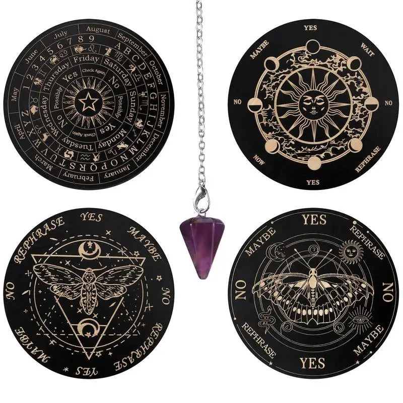 Planche à Pendule en Bois Gravé 15 cm – Soleil, Papillon de Nuit, Lune et Étoiles, 4 Modèles
