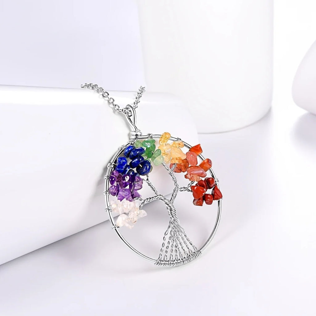 Collier Arbre de Vie 7 Chakras – Pendentif en Pierres Naturelles Serties au Fil, avec Chaîne