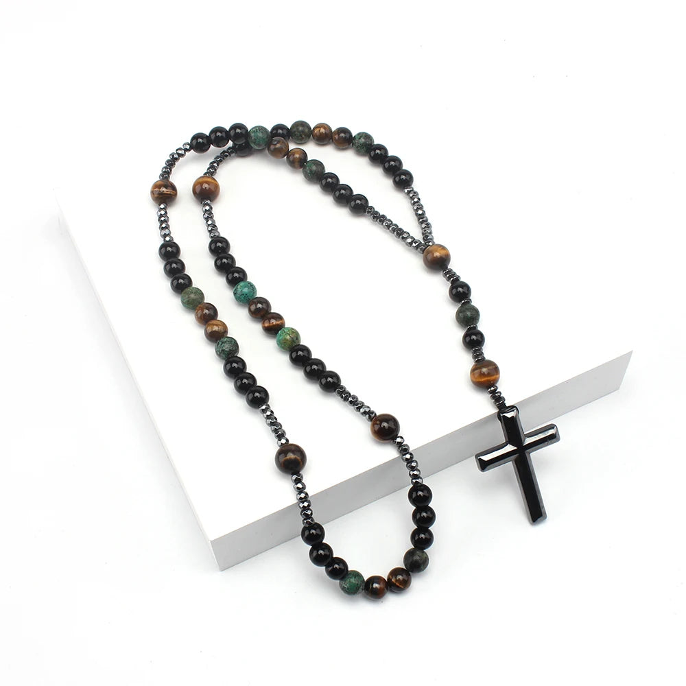 Collier Chapelet Croix en Hématite – Perles de Turquoise Africaine et Œil de Tigre, 60 cm