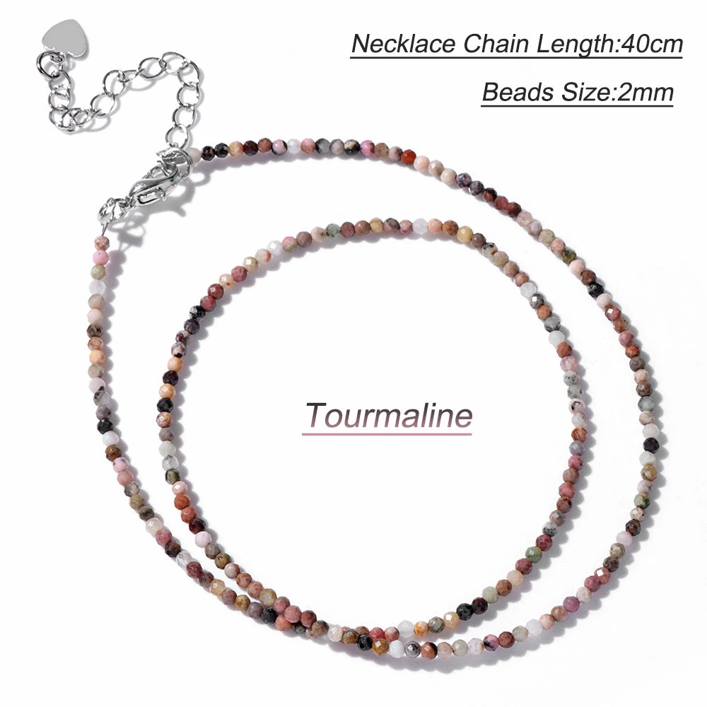 Collier Perles Facettées 2 mm en Pierre Naturelle – Ras du Cou Ultra-Fin, 14 Pierres, 40 cm