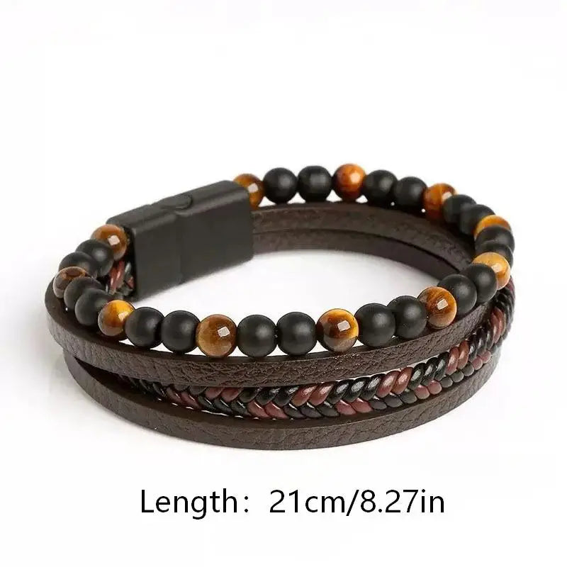 Bracelet Homme Cuir Multirangs et Perles d'Œil de Tigre – Fermoir Magnétique, 20 cm