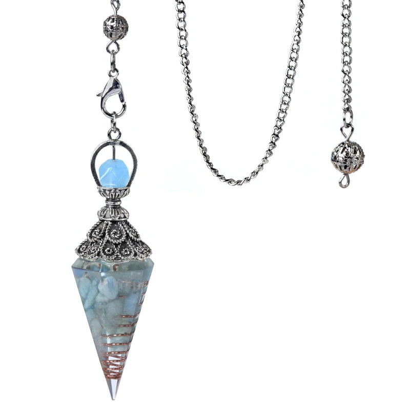 Pendule Cône en Orgonite aux Éclats de Pierres Naturelles – Monture Argent Vieilli, 10 Modèles