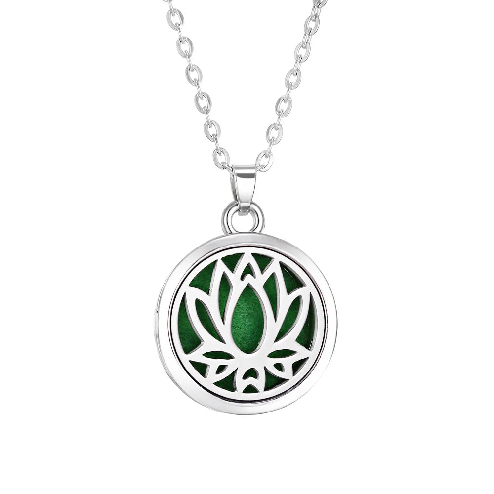 Collier Diffuseur d'Huiles Essentielles en Acier – Médaillon Arbre de Vie, Lotus, Fleur de Vie, 15 Motifs