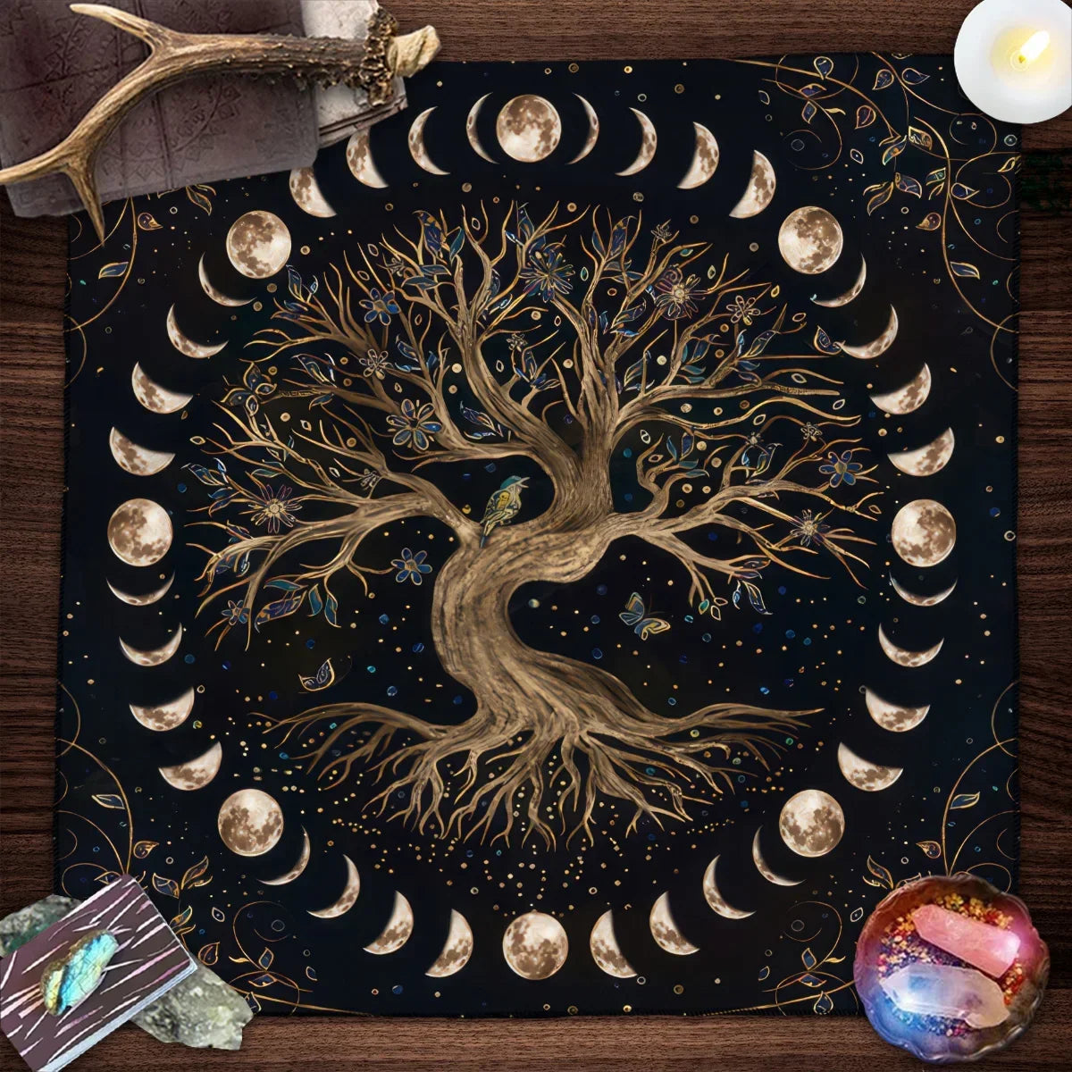 Nappe de Tarot Arbre de Vie en Velours – 15 Motifs : Arbre Doré, Phases de Lune, 50 ou 75 cm