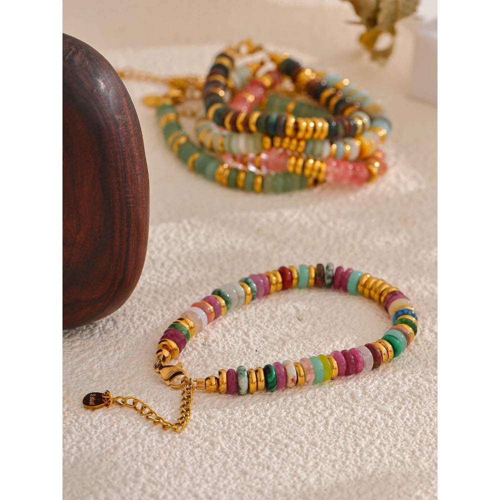 Bracelet Perles Heishi en Pierre Naturelle et Acier Doré – Œil de Tigre, Amazonite, 8 Pierres