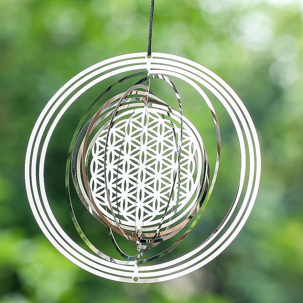 Mobile Fleur de Vie 3D en Acier – Spirale Rotative Miroir 10 cm, Déco de Fenêtre et Jardin