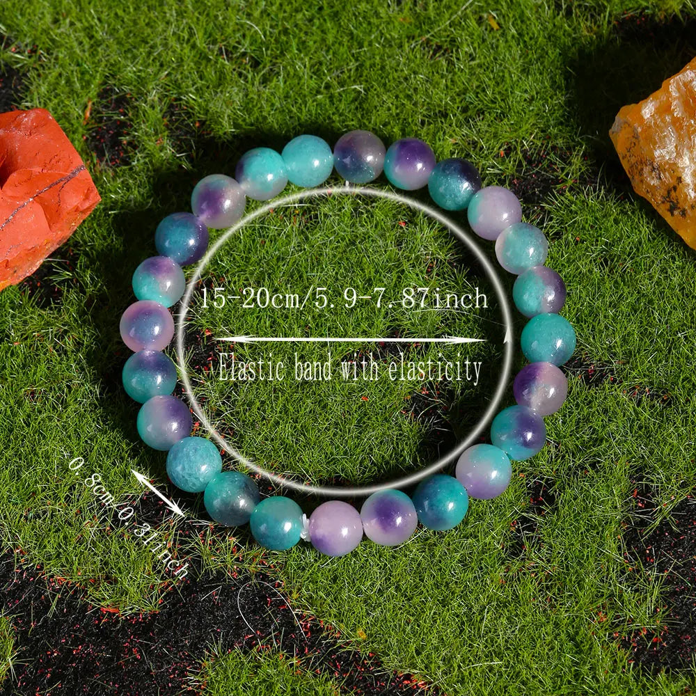 Bracelet Fluorite Arc-en-Ciel – Perles Violettes et Vertes, Élastique, Homme et Femme