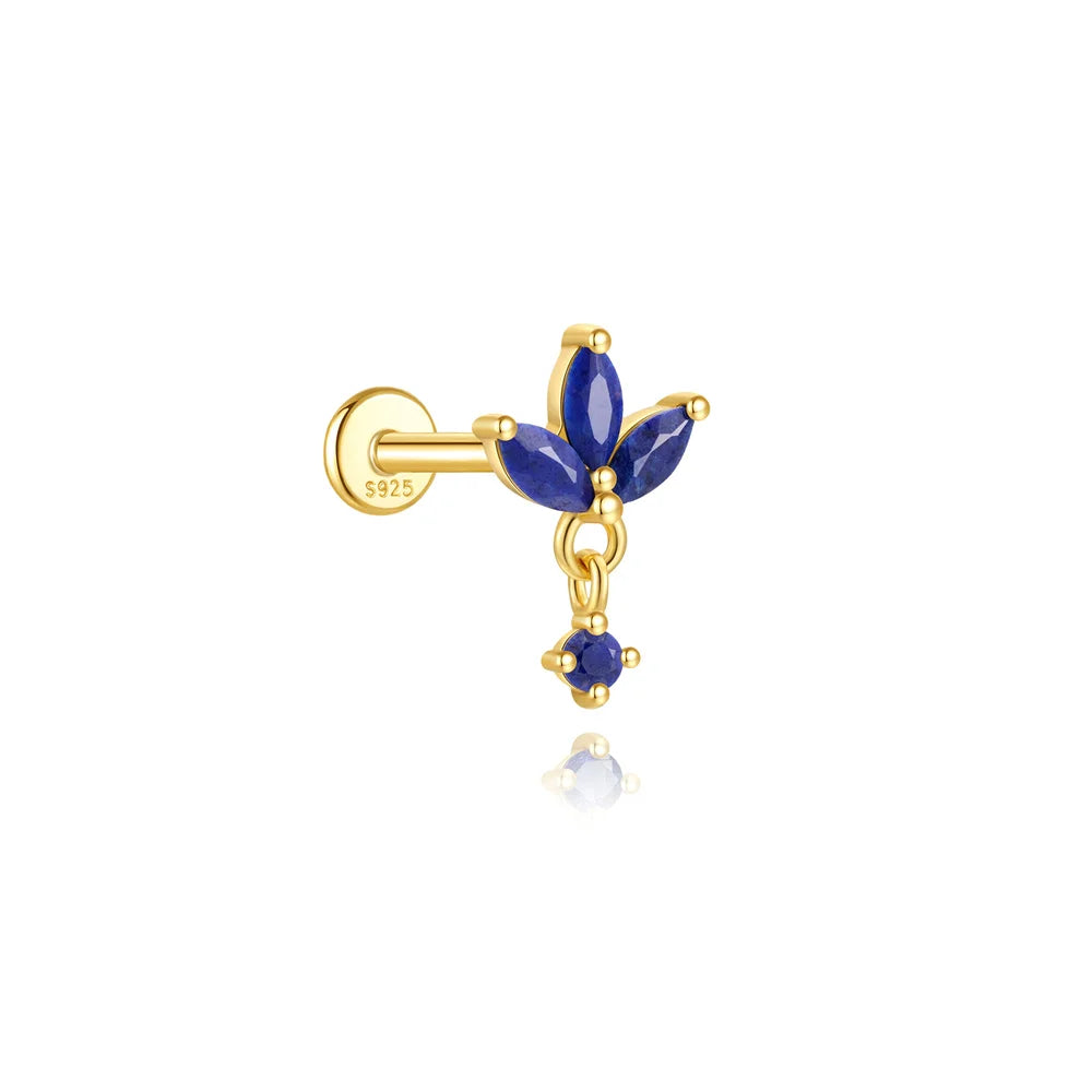 Piercing en Argent 925 et Lapis-Lazuli – Clou Plat Étoile, Fleur, Papillon, 16 Modèles Doré ou Argenté