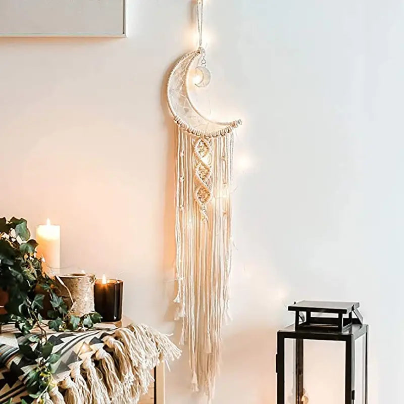 Macramé Mural Lune 96 cm – Tenture Murale Bohème Écrue à Croissant de Lune, Franges et Nœuds, Décoration Murale Zen pour Chambre ou Salon, Idée Cadeau