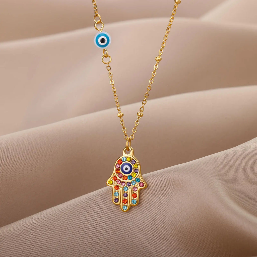 Collier Main de Fatma et Œil Turc en Acier Inoxydable – Pendentif Coloré, Doré ou Argenté, 45 cm
