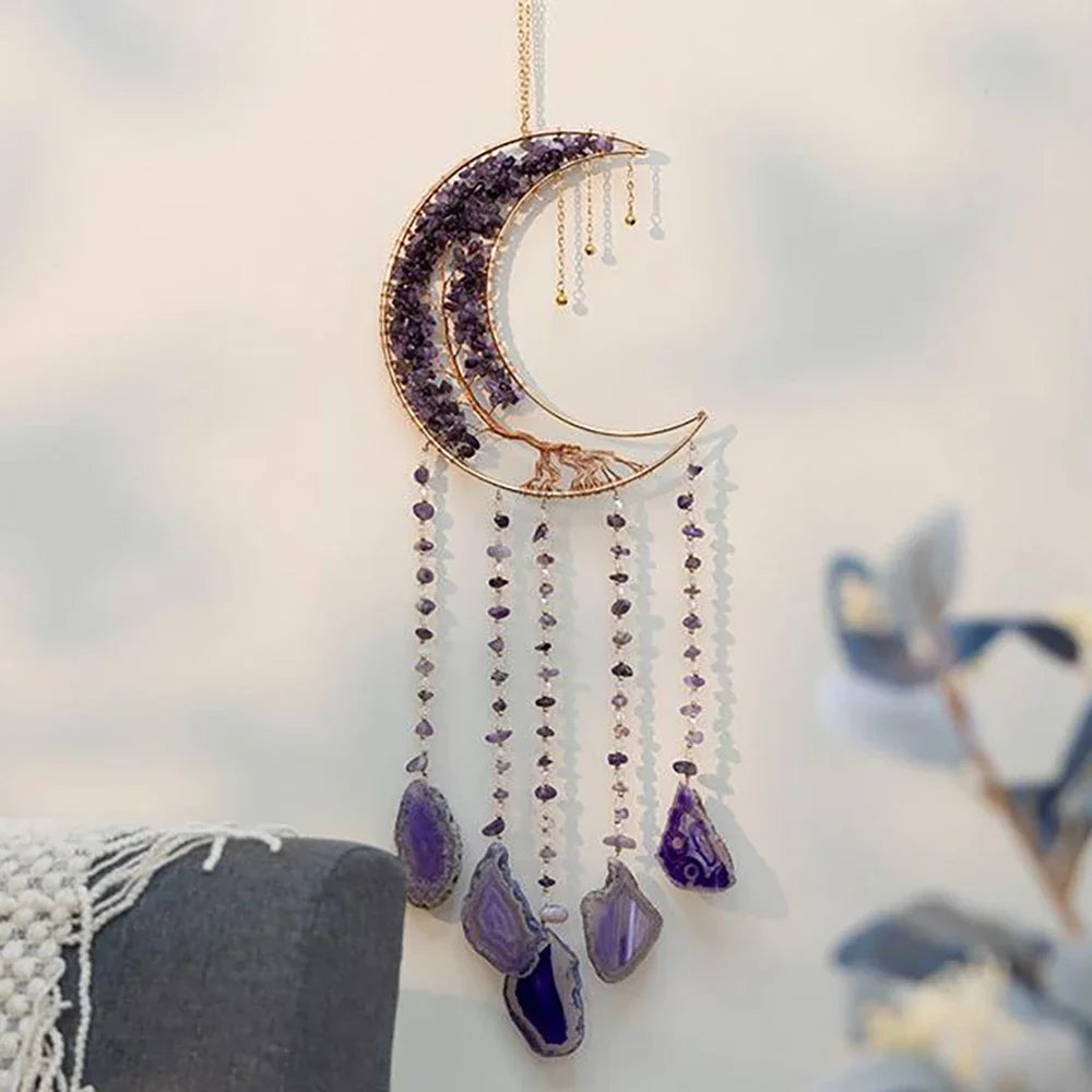 Attrape-Rêves en Pierres Naturelles et Tranches d'Agate – Lune ou Arbre de Vie, 29 Modèles, Décoration Murale