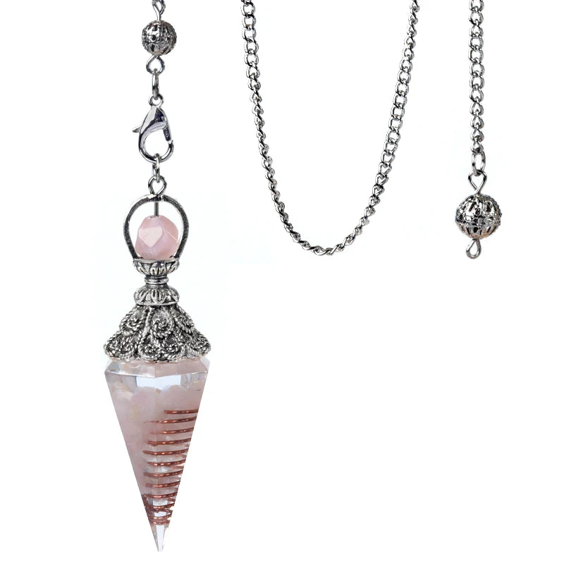 Pendule Cône en Orgonite aux Éclats de Pierres Naturelles – Monture Argent Vieilli, 10 Modèles
