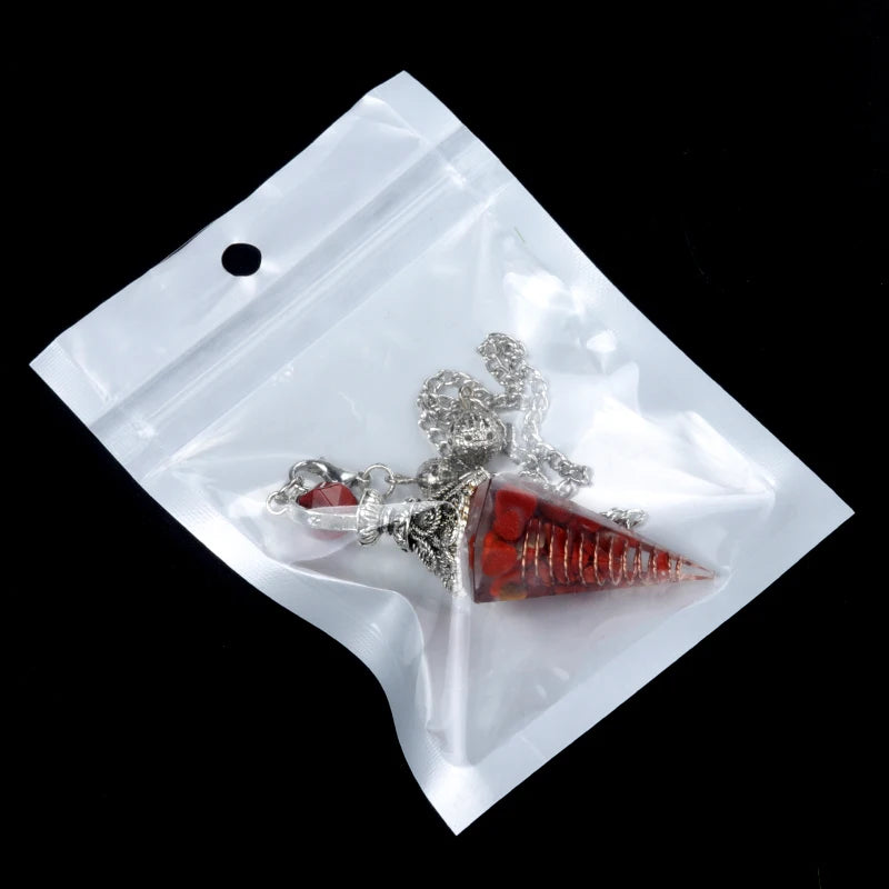 Pendule Cône en Orgonite aux Éclats de Pierres Naturelles – Monture Argent Vieilli, 10 Modèles