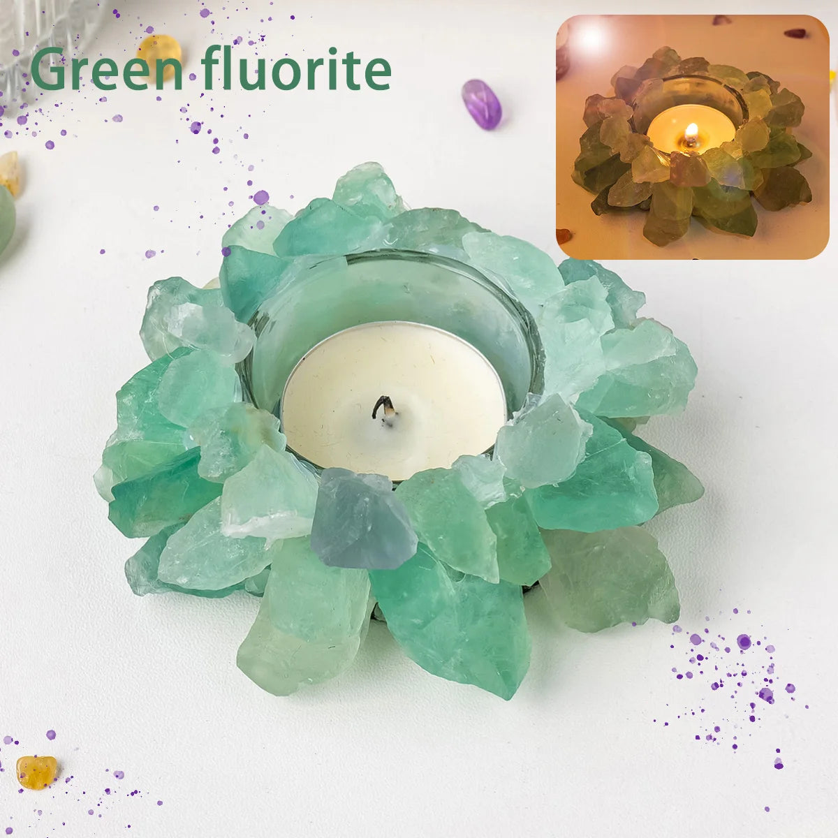 Bougeoir en Pierre Brute Naturelle – Photophore Cristal, Améthyste, Quartz Rose, Pierre de Soleil…
