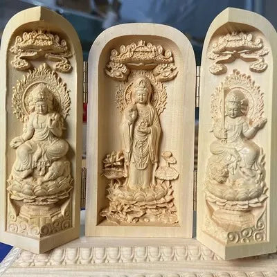 Triptyque Bouddhiste en Bois Sculpté – Autel Portable Pliant à 3 Volets, 11 Modèles