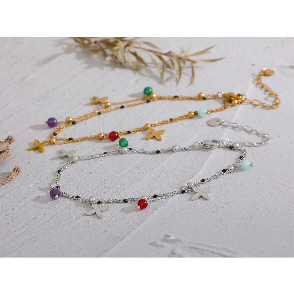 Chaîne de Cheville Perles de Pierres et Fleurs – Acier Inoxydable Doré ou Argenté