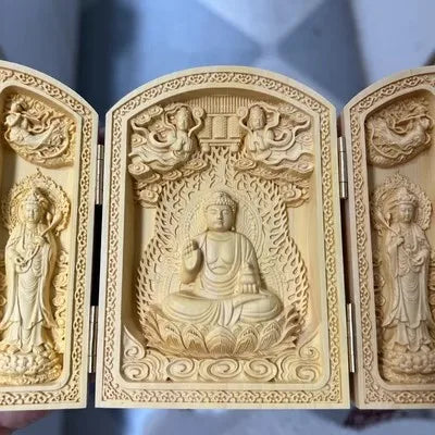 Triptyque Bouddhiste en Bois Sculpté – Autel Portable Pliant à 3 Volets, 11 Modèles