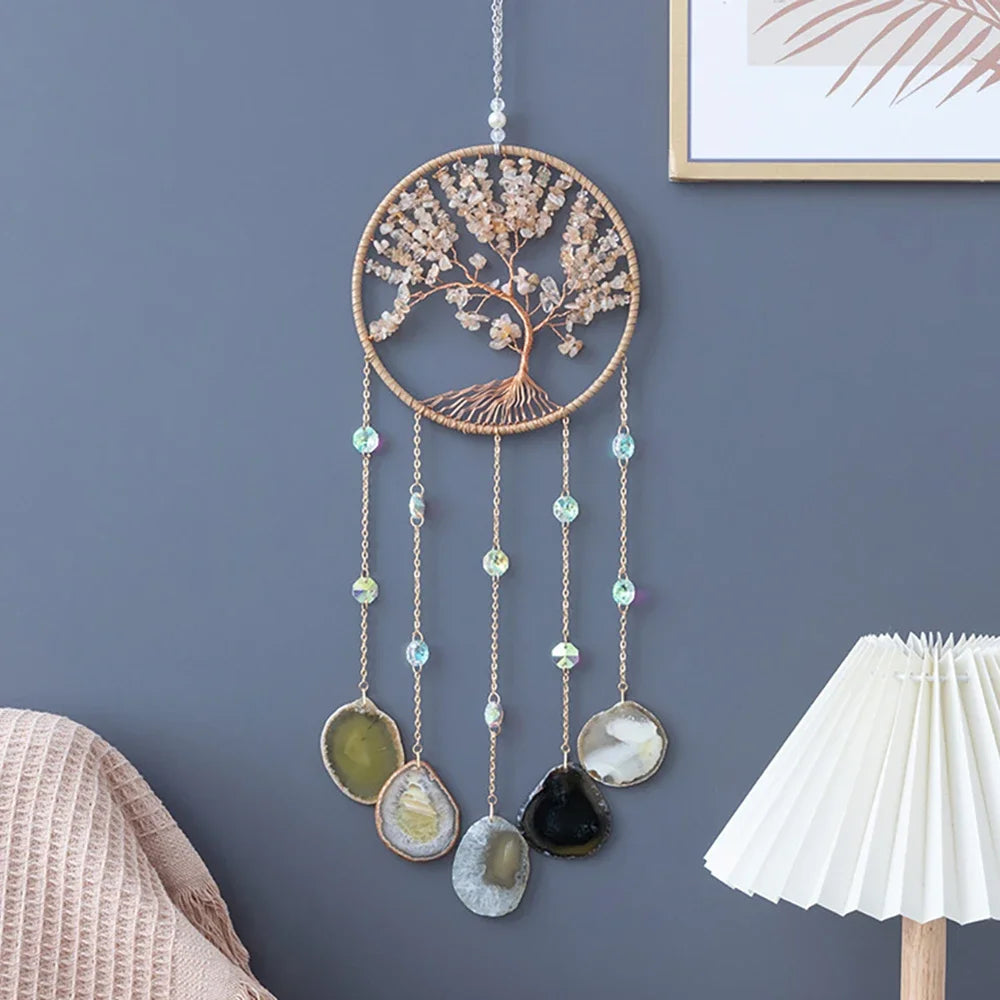 Attrape-Rêves en Pierres Naturelles et Tranches d'Agate – Lune ou Arbre de Vie, 29 Modèles, Décoration Murale
