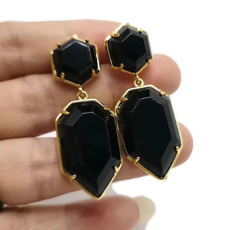 Boucles d'Oreilles Hexagonales en Pierre Naturelle Facettée 45 mm – Monture Dorée, 7 Pierres