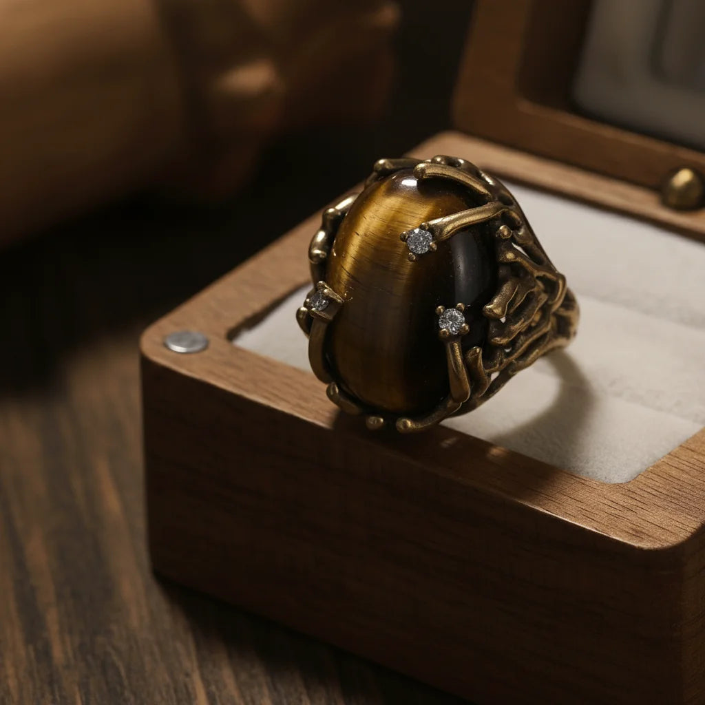 Bague Ouverte Vintage Dorée à Griffes – Grand Cabochon Lapis-Lazuli, Améthyste ou Œil de Tigre