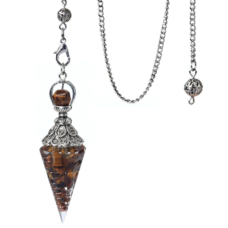 Pendule Cône en Orgonite aux Éclats de Pierres Naturelles – Monture Argent Vieilli, 10 Modèles