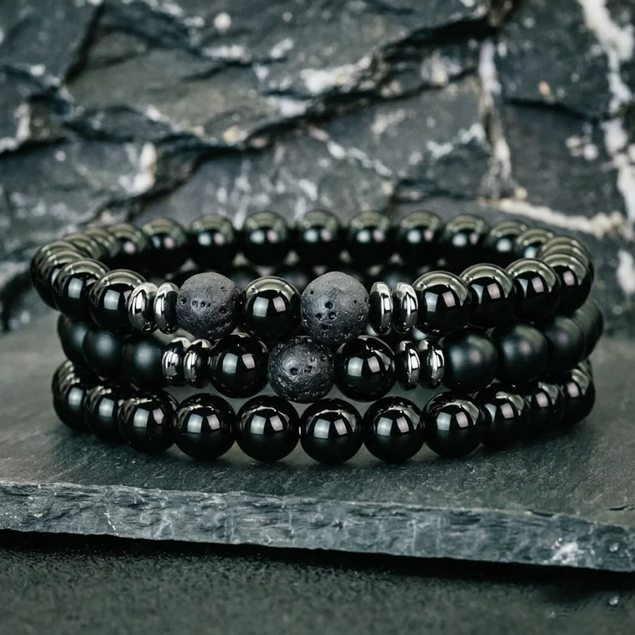 Lot de 3 Bracelets Homme en Pierres Naturelles – Œil de Tigre, Pierre de Lave et Onyx Mat