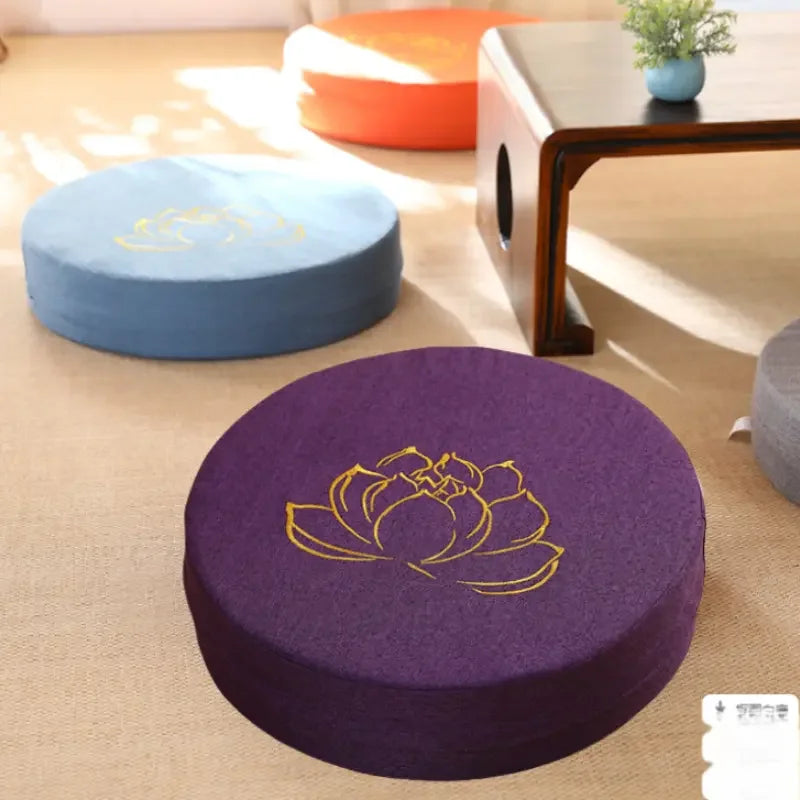 Coussin de Méditation Rond en Lin 40 cm – Brodé Fleur de Lotus, Housse Déhoussable, 9 Coloris