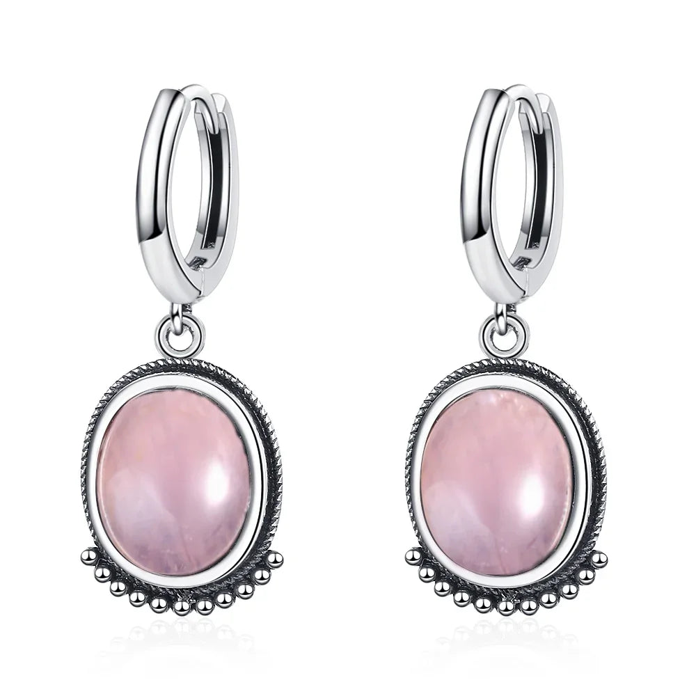 Boucles d'Oreilles Créoles Vintage à Cabochon Ovale – Pierre de Lune, Labradorite, Améthyste… Plaqué Argent