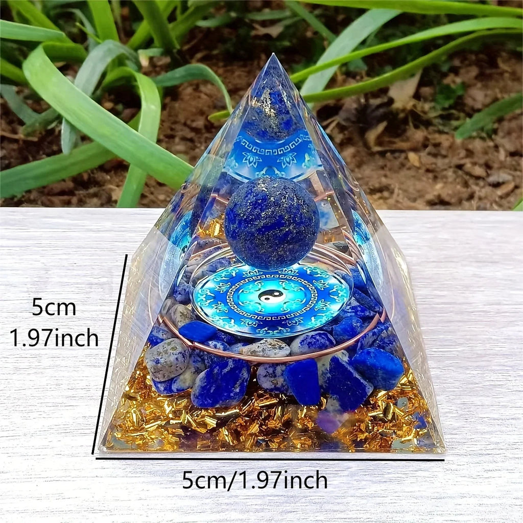 Pyramide d'Orgonite Lapis-Lazuli – Sphère et Symbole Yin Yang, Décoration de Chevet