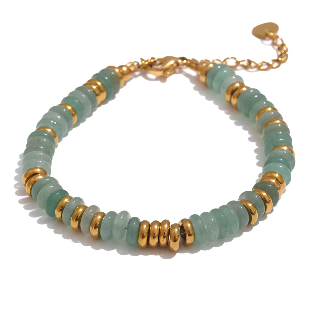 Bracelet Perles Heishi en Pierre Naturelle et Acier Doré – Œil de Tigre, Amazonite, 8 Pierres