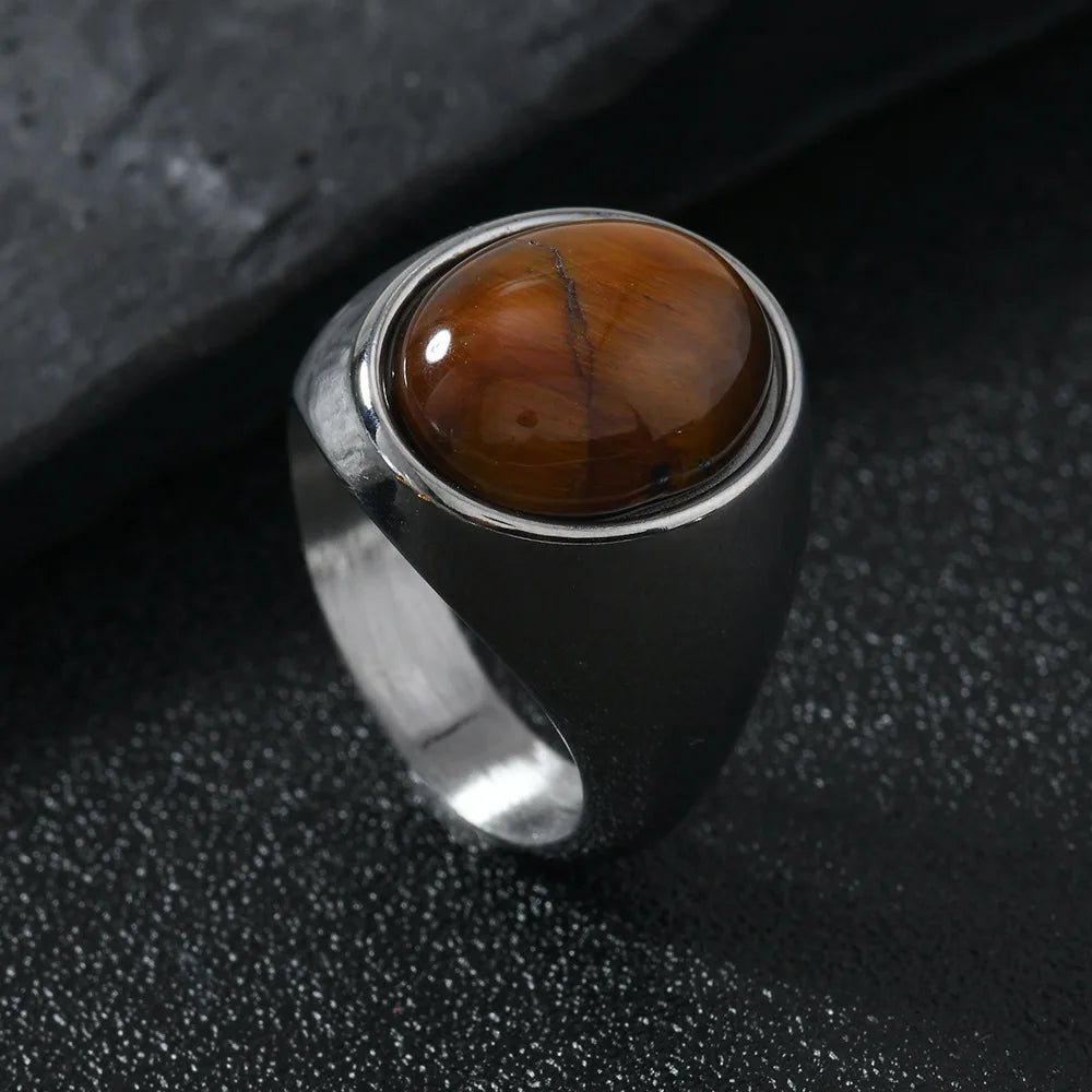Chevalière Homme en Acier Inoxydable – Cabochon Onyx Noir, Œil de Tigre ou Aventurine, Argenté ou Doré