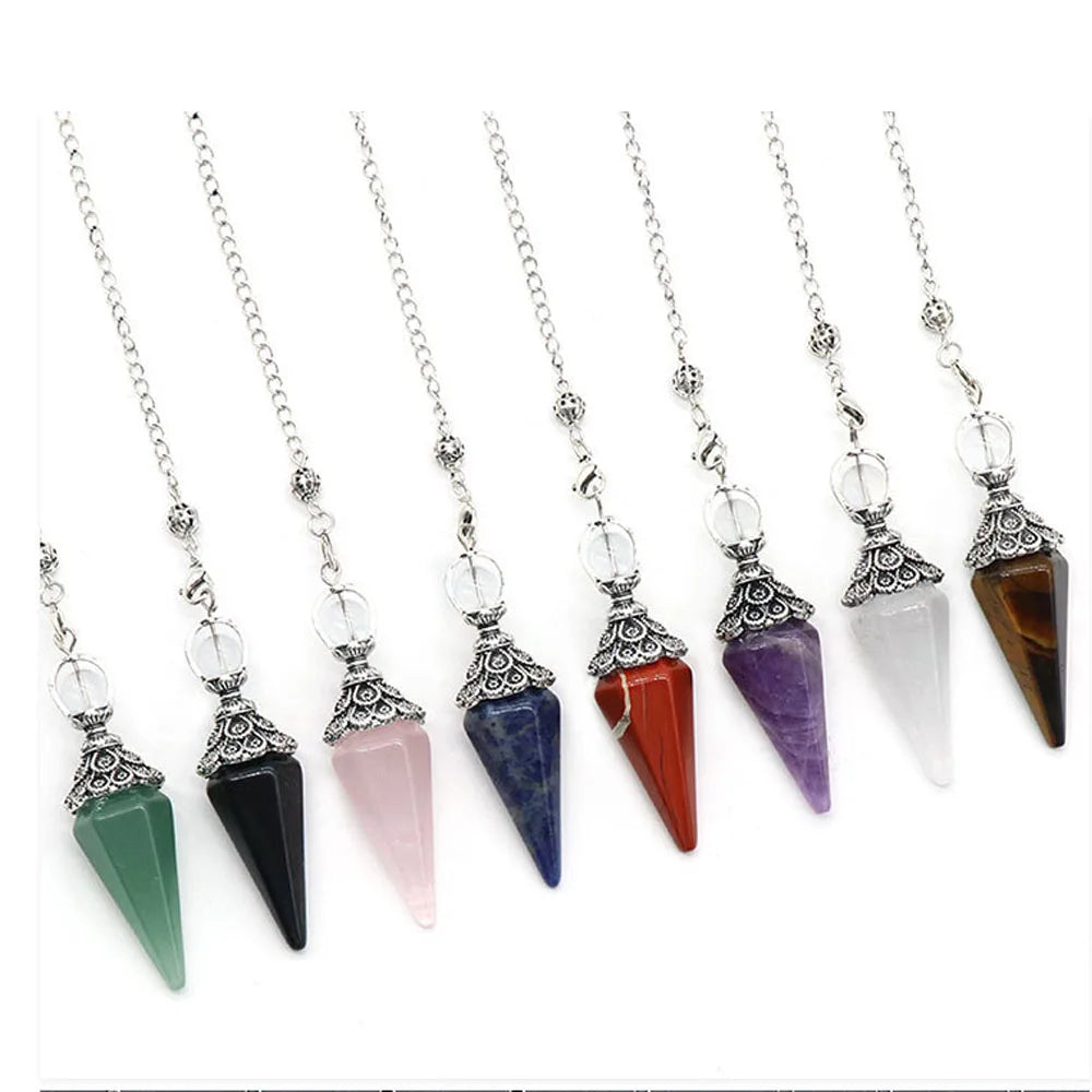 Pendule Cône Hexagonal en Pierre Naturelle Facettée – Quartz Rose, Améthyste, Œil de Tigre… 8 Pierres