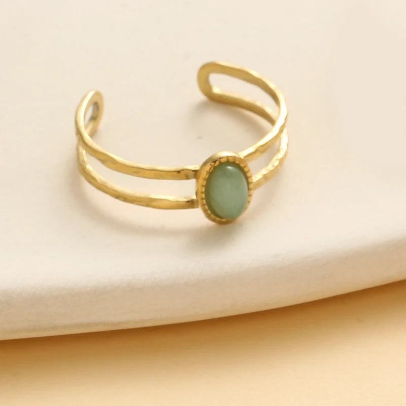 Bague Pierre Naturelle Ajustable – Acier Inoxydable, Style Vintage, 5 Pierres au Choix