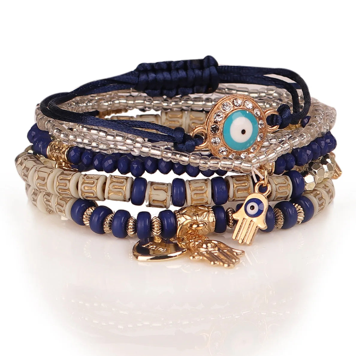 Lot de 6 Bracelets Bohème Œil Turc et Main de Fatma – Perles, Cordons et Breloques, 8 Coloris