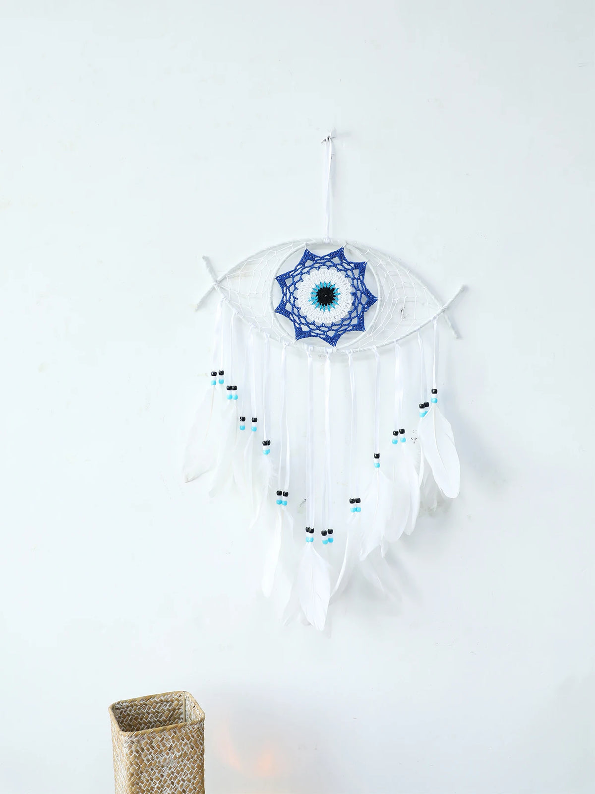 Attrape-Rêves Œil Bleu – Mauvais Œil Brodé et Plumes Bleues, Décoration Murale Bohème, 3 Modèles