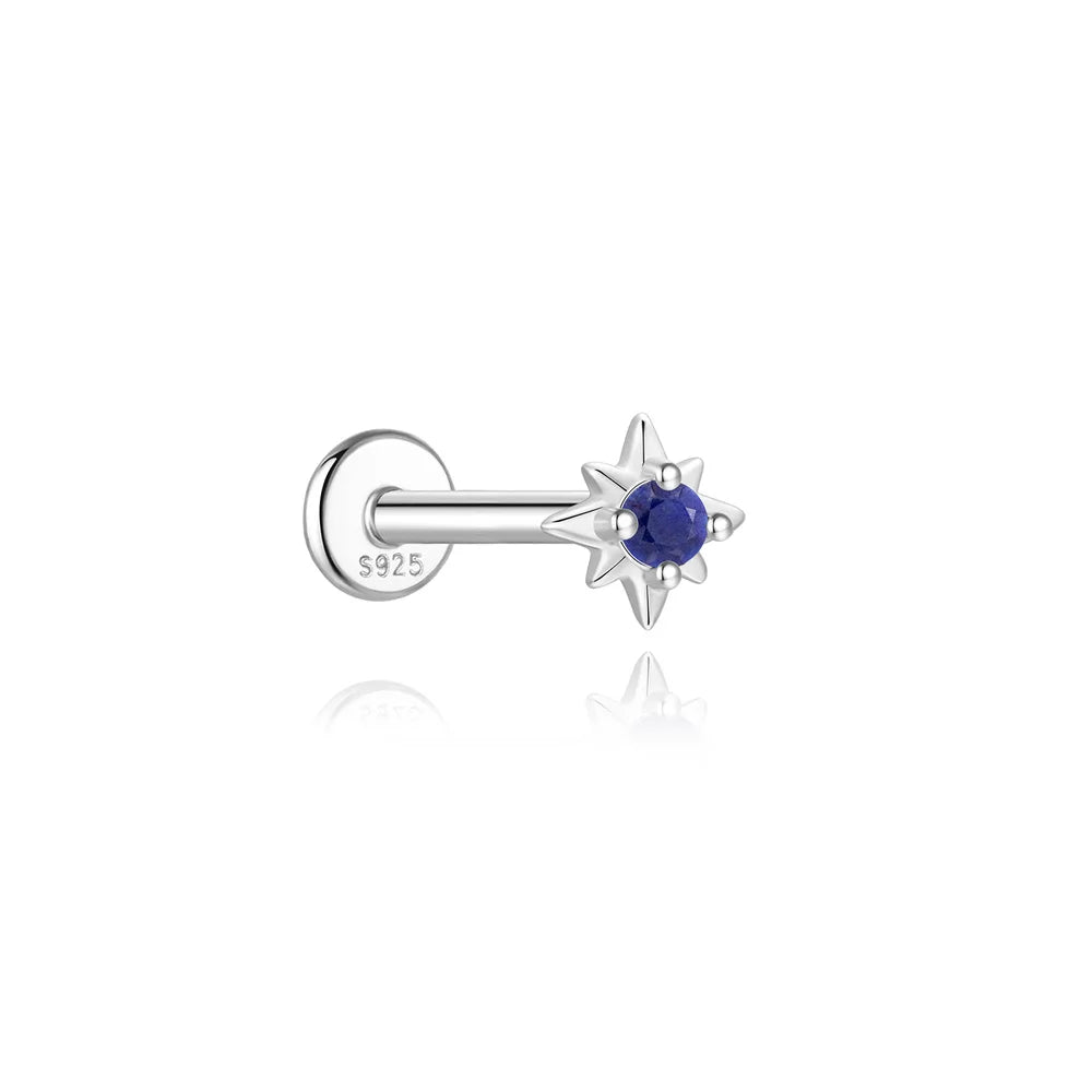 Piercing en Argent 925 et Lapis-Lazuli – Clou Plat Étoile, Fleur, Papillon, 16 Modèles Doré ou Argenté