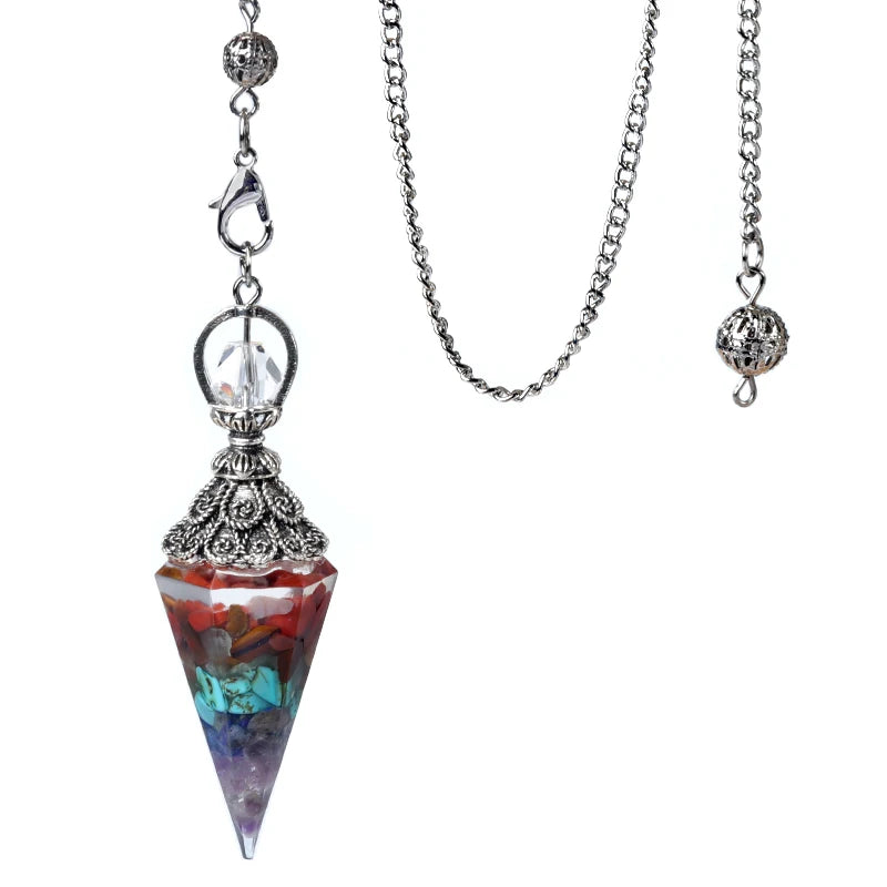 Pendule Cône en Orgonite aux Éclats de Pierres Naturelles – Monture Argent Vieilli, 10 Modèles