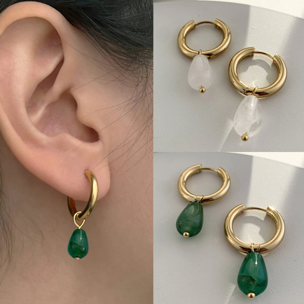 Créoles en Acier Doré avec Goutte de Cristal de Roche – Boucles d'Oreilles Minimalistes