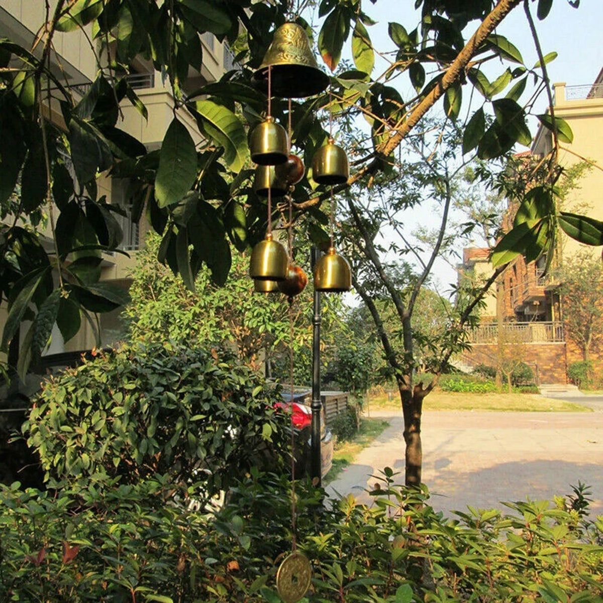 Carillon à Vent 6 Cloches en Cuivre – Pièces Porte-Bonheur et Gravures, Déco de Jardin