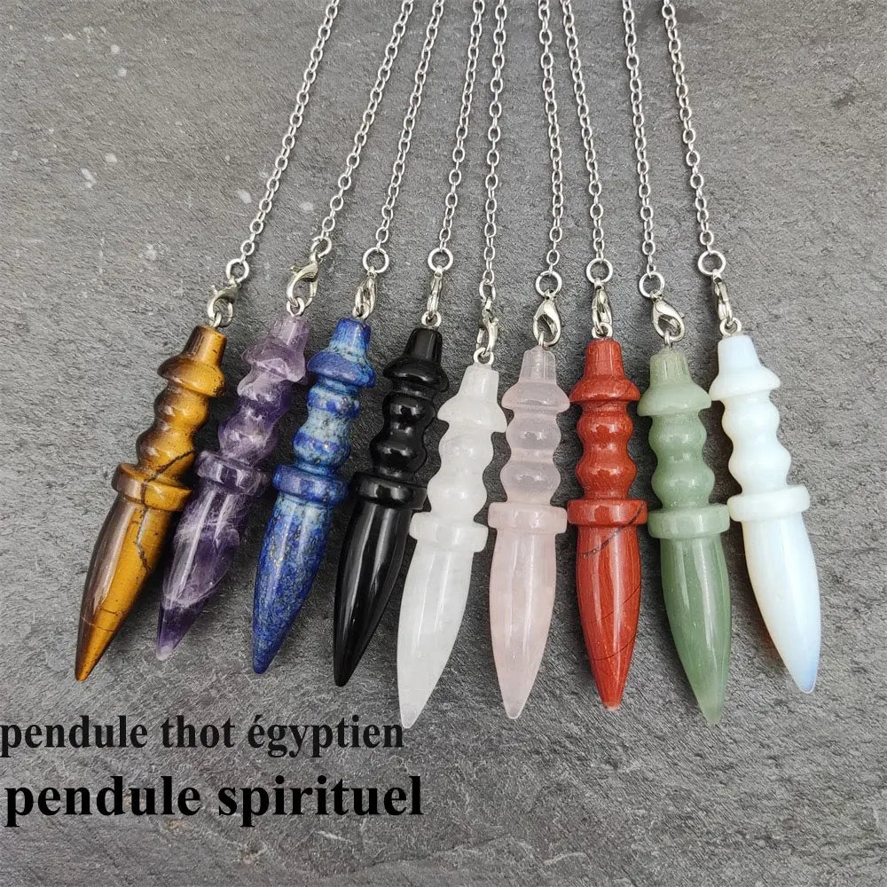 Pendule Thot Égyptien en Pierre Naturelle Sculptée – Obsidienne, Améthyste, 7 Chakras… 11 Pierres
