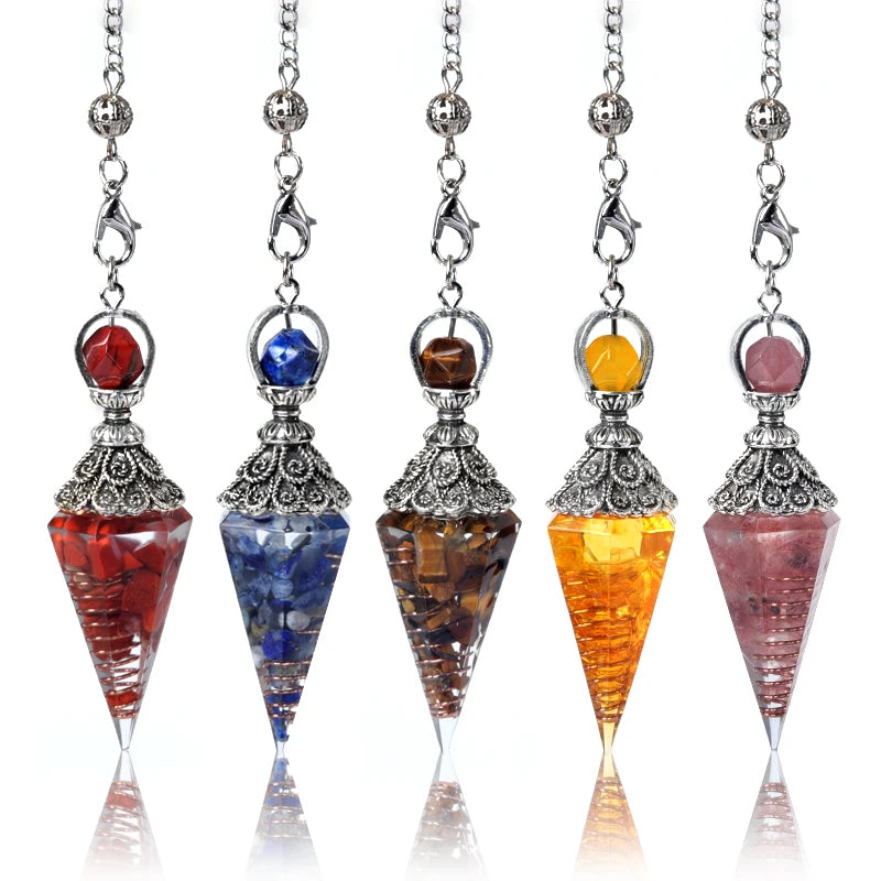 Pendule Cône en Orgonite aux Éclats de Pierres Naturelles – Monture Argent Vieilli, 10 Modèles