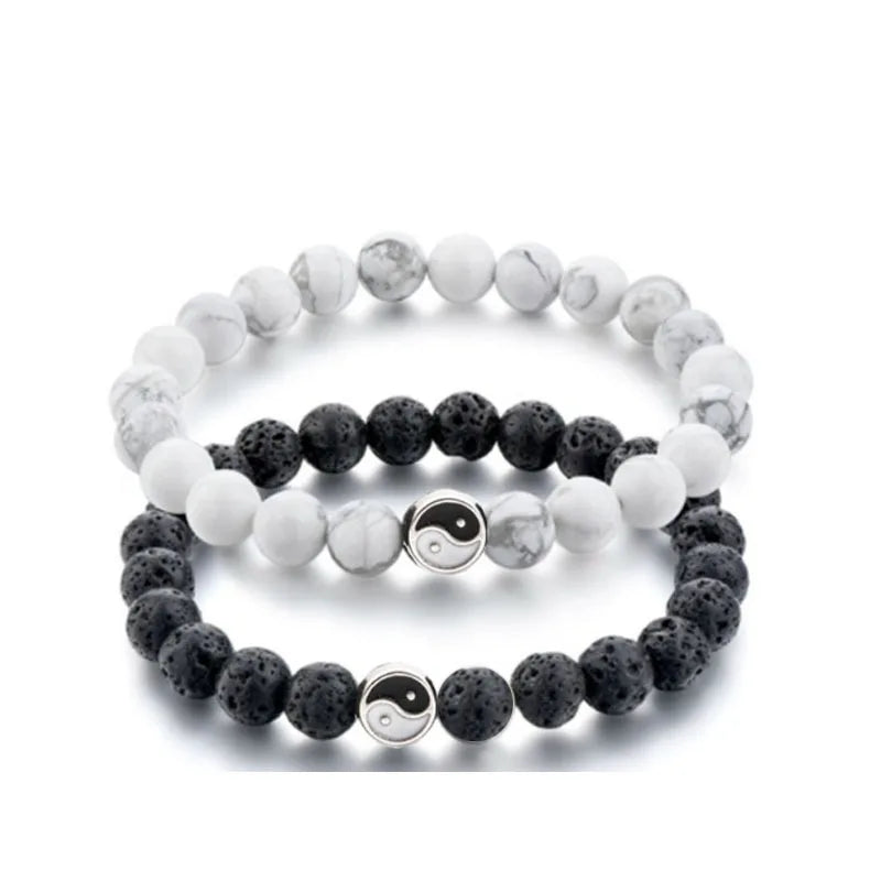 Bracelet Yin Yang Onyx Mat et Howlite – À l'Unité ou en Duo pour Couple, 17 à 21 cm