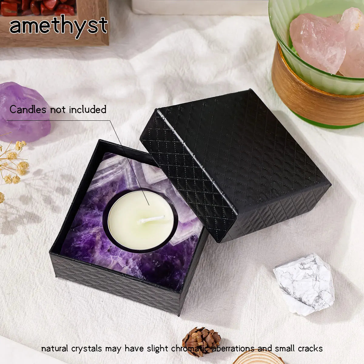 Bougeoir Carré en Pierre Brute – Quartz Rose, Améthyste, Labradorite, Cristal de Roche…