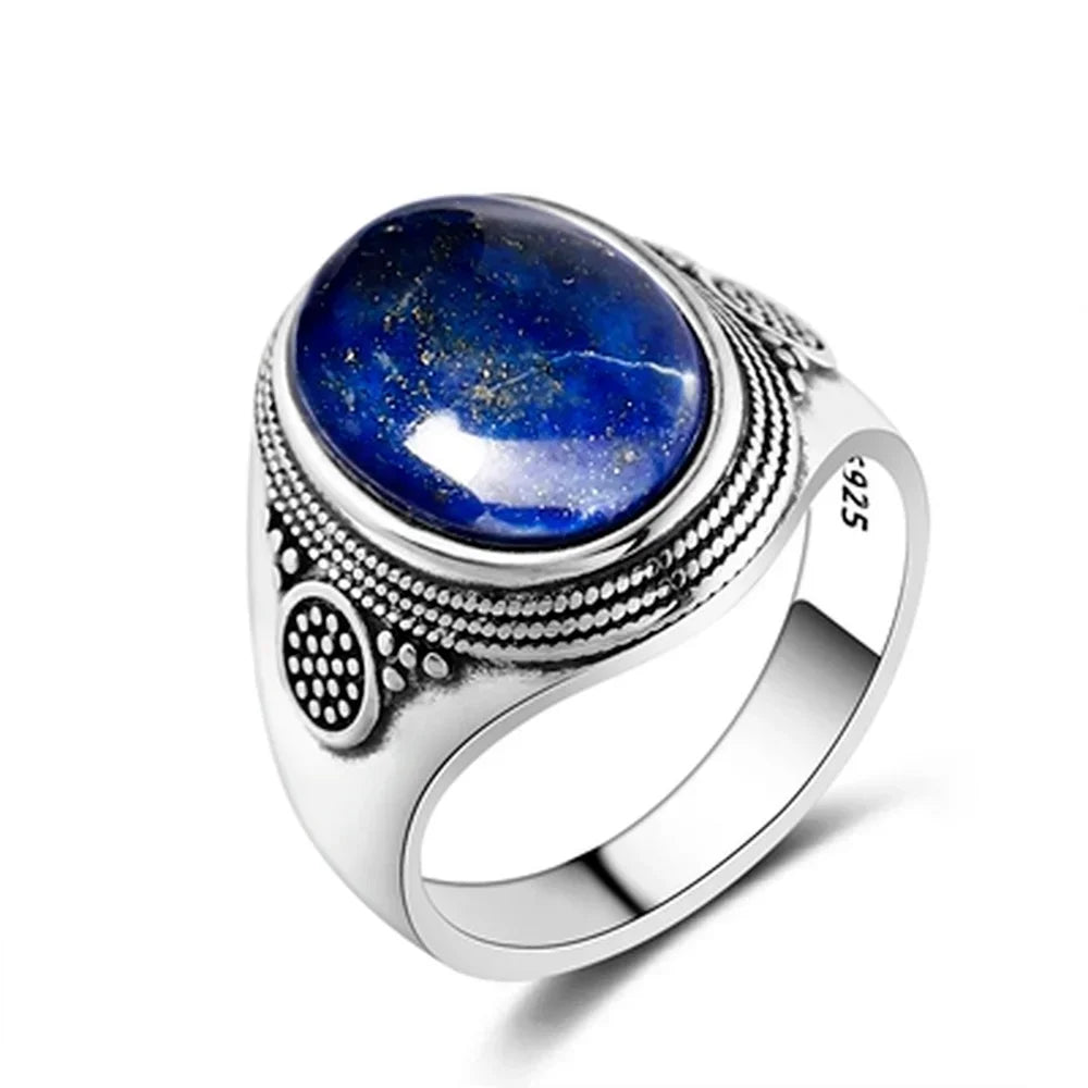Bague Cabochon Ovale 10 x 14 mm – Monture Argentée Ciselée Unisexe, Œil de Tigre, Labradorite, Lapis…